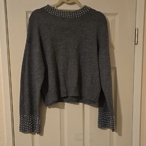 Gray Sweater with Pearl Accents